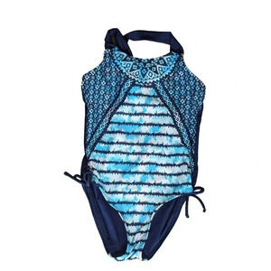 Justice Girls Size 8 One Piece Swimsuit Blue Pattern Polyester Spandex Adjustabl